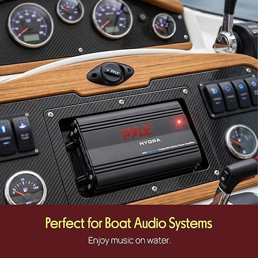 Pyle 200W RMS 4-Channel Marine Amplifier - Bluetooth Wireless Audio Streaming - Waterproof - Full Range Stereo w/ RCA - High Crossover HD Music - Multi-Channel System - Compact & Powerful - PLMRMB4CB
