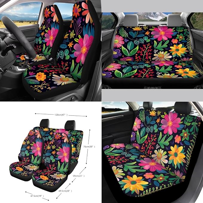 Flower Print Car Accessories Seat Covers Full Set of 15, Soft Comfy Front and Rear Seat Cover with Safety Belt Pads Steering Wheel Cover Trash Can Car Air Vent Organizer
