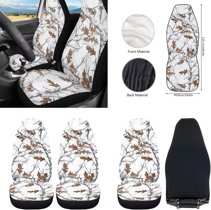 Howilath White Camo Hunting Forest Front Car Seat Covers Set with Interior Accessories Center Console Cover+Steering Wheel Cover+Seatbelt Pads+Keychain+Coasters Set of 10 Fit Sedan Truck Van
