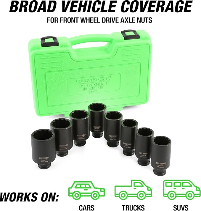 OEMTOOLS 37321 8 Piece 1/2 Inch Drive Axle Nut Socket Set, 12 Point Set, 29mm, 30mm, 32mm, 34mm, 35mm, 36mm, 38mm, and 39mm Socket Set with Case