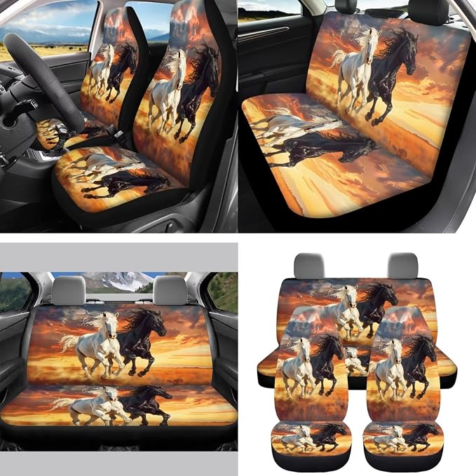 15 Pcs Car Seat Covers Full Set for Women Horse Car Accessories Interior Car Steering Wheel Cover Seatbelt Covers Trash Bin Rear View Mirror Cover Cup Holders Keychain