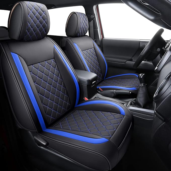 Tomatoman Tacoma Seat Covers Customized for 2005-2025 2026 Sport Extended SR V6 Crew Cab, Waterproof Faux Leather Car Cushions(2 PCS Front, Black-Blue)