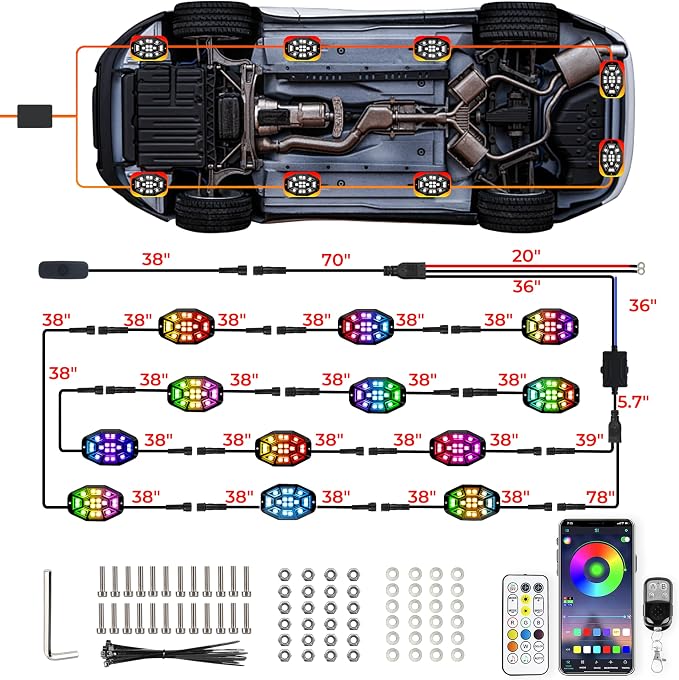12 Pods 9 Side 216 LEDs Rock Lights, App/2 Remote Control RGB Underglow Lights Compatible with 12V Trucks Jeep UTV ATV Golf Cart,Brake Signal,Waterproof,Music Mode,Plug and Play,Multi-Color(Patented)