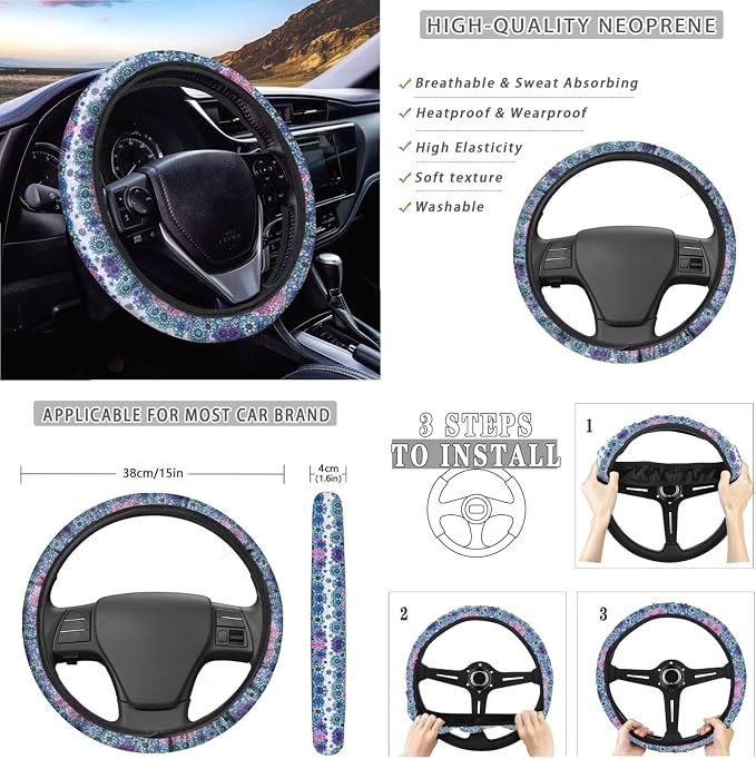 Suobstales Boho Mandala Print Car Seat Cover for Women Men Full Set SUV Interior Accessories Front/Back Bench Bucket Seat Cover,Steering Wheel Cover,Seat Belt Cover,Cup Holder Coasters,Keychain