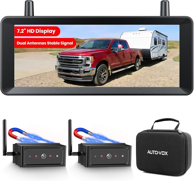 AUTO-VOX 7.2" Wireless Magnetic Backup Camera with Monitor, 1-Min Install, 1080P Dual Camera, 500ft Stable Signal, Built-In DVR Recording, IR Night Vision Backup Camera for RV, Truck, Trailer & Camper