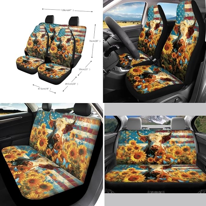 Xoenoiee American Flag Cow Butterfly Sunflower Car Seat Covers and Accessories, Front Rear Seat Covers, Steering Wheel Cover, Seat Belt Pads, Coasters, Keychains for Car SUV Decor, 11 PCS Set
