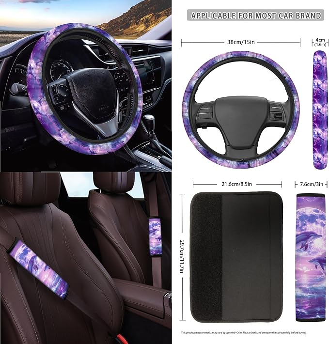 Dolphin Moon Print Car Accessories Set with Car Seat Covers Steering Wheel Cover Seatbelt Strap Pad Trash Cans Air Vent Storage Bag Cup Holder Rearview Mirror Cover Key Chain, 15 Pack