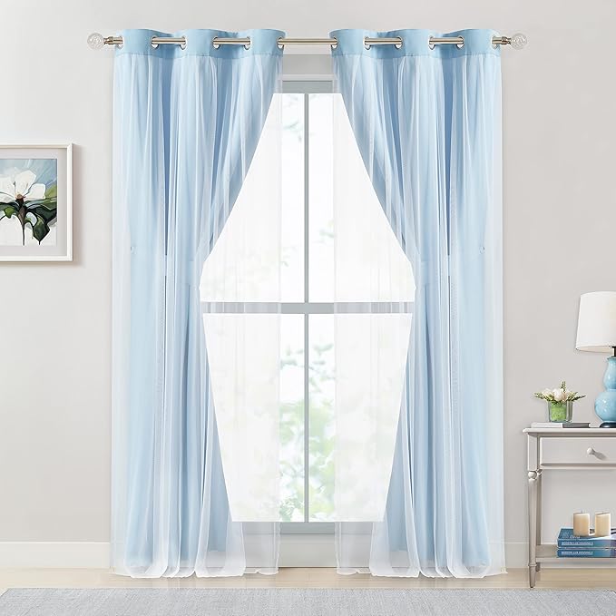 Bujasso Sky Blue 80% Blackout Curtains with Sheer Overlay Mix and Match Double Layer Thermal Insulated Window Panels 84 inch for Living Room Bedroom Blue Drapes with Tiebacks Grommet Top 37" Wx84 Lx2