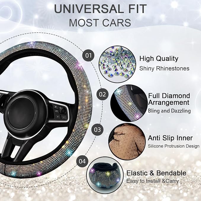 NBTEPEM 12 Pcs Bling Car Accessories Set for Women Car Floor Mats Full Set Steering Wheel Cover Seat Belt Covers Coasters Universal Fit Car SUV Truck Van Multicolor