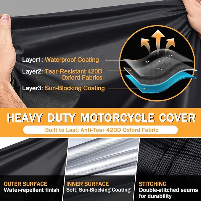 Heavy Duty Motorcycle Cover Waterproof Outdoor Universal Fit up to 92 Inch, All Season Protection for Kawasaki Z650 Ninja ZX-10R, Honda Rebel 500 CBR500R with See-Through License Panel
