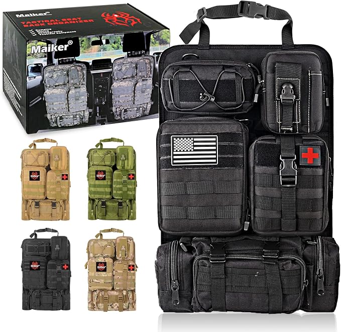 MAIKER Tactical Car Seat Back Organizer, Upgrade Tactical Vehicle Panel Organizer with 5 Detachable Molle Pouch, Universal fits for Most of Vehicle Black