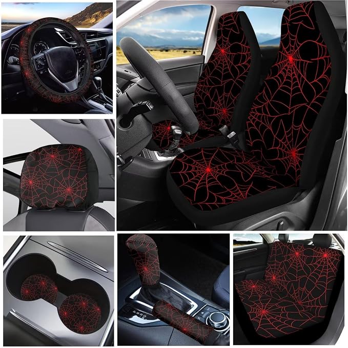 KEIAHUAN Red Spider Web Car Seat Cover Set 11 Pieces Full Set with Car Shift Gear Stick Hand Brake Cover Steering Wheel Cover Headrest Cover Coaster Pad Halloween Decoration