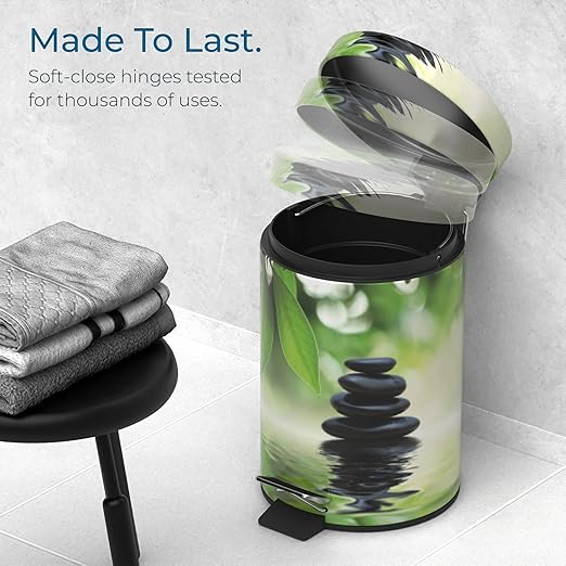Sanilo Small Bathroom Trash Can with Lid [1.3 Gallon] - Lidded Tiny Trashcan for Garbage - Mini Metal Bin with Soft Closing Mechanism - Bath Room Accessoire Wastebin with Inner Bucket (Harmony)