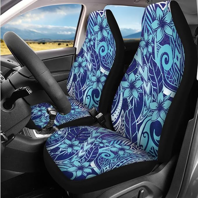 Bulopur Polynesia Frangipani Floral Auto Seat Covers Full Set with Matching Steering Wheel Cover Automotive Center Console Cover Vehicle Seat Belt Cushion Pads Headrest Covers Car Interior Decor