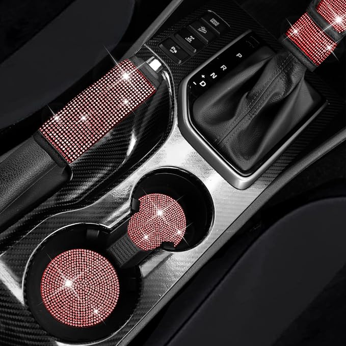 17 Pack Bling Car Seat Covers Set Car Diamond Accessories Rhinestone Crystal Steering Wheel Cover, Bling Velvet Breathable Glitter Center Console Pad Universal Car Interio(Full Set/Red)