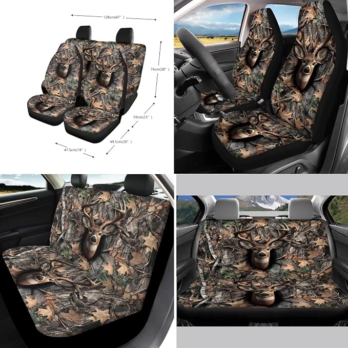 Xoenoiee Hunting Elk Forest Camo Print 11 Pcs Car Accessories Seat Cover Full Set, Steering Wheel Cover, Front & Rear Seat Cover, Seat Belt Pads, Cup Coaster, Key Chains - Universal Fit