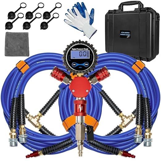 4 Tire Inflation System, Fits Up to 200" Wheelbase, Rapid High Flow 4 Way Tire Inflator with Hard Case, Lock-On Air Chucks Manifold, Digital Gauge, Portable Off Road Tire Deflator