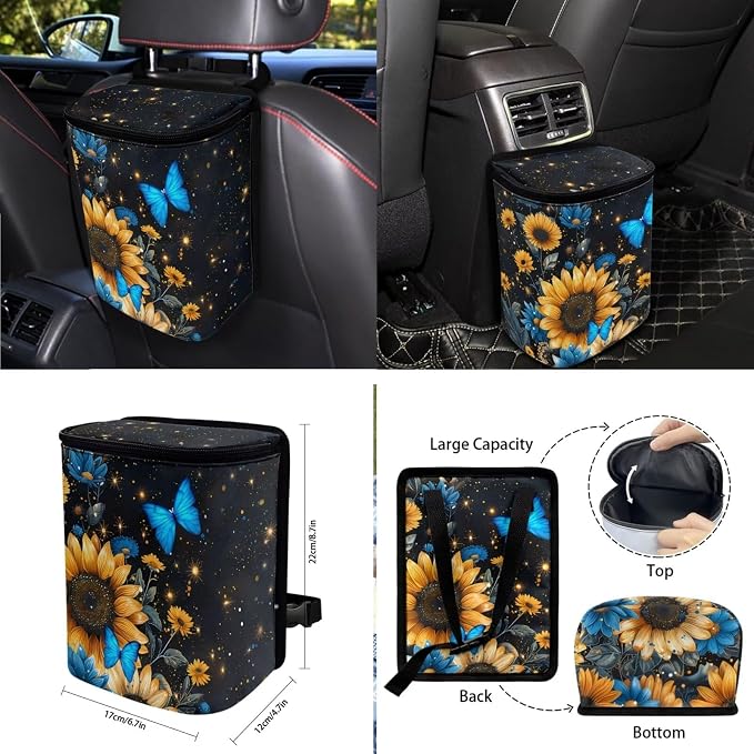 Sunflower Butterfly Pattern 10 Pieces Car Accessories, Auto Seat Covers Full Set Steering Wheel Cover Cup Holders Car Garbage Can Air Vent Storage Bag Keychains Universal Fit for Most Cars