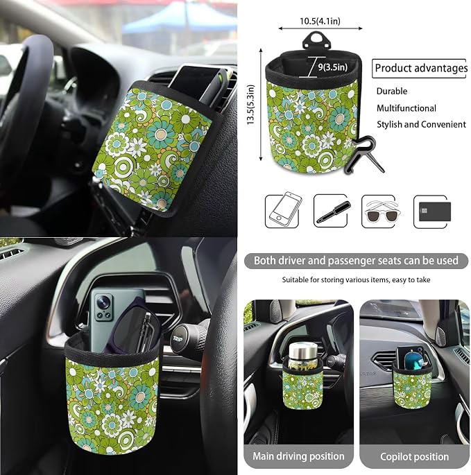 Hippie Flowers Green Print 15Pcs Car Seat Cover Full Set Car Steering Wheel Cover Seat Belt Cover Trash Bin Air Vent Storage Box Front Rear View Mirror Car Cup Holder Keychain