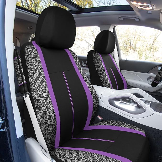 We Are Young Life is Fun™ Checker Car Seat Covers Universal Fit Interior Accessories Full Set Purple Seat Cover Combo Steering Wheel Cover and Seat Belt Pads, Airbag and Split Rear Car Seat Covers