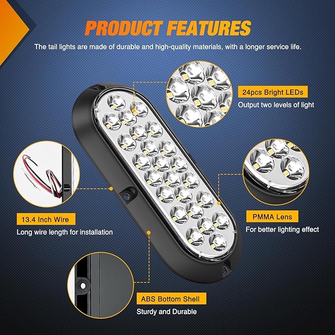 Nilight 6Inch Oval Tail Light 2PCS White 24LED Back Up Reverse Lights Surface Mount Marker Sealed IP67 Waterproof Taillight for 12V RV Camper Truck Trailer Caravan Bus
