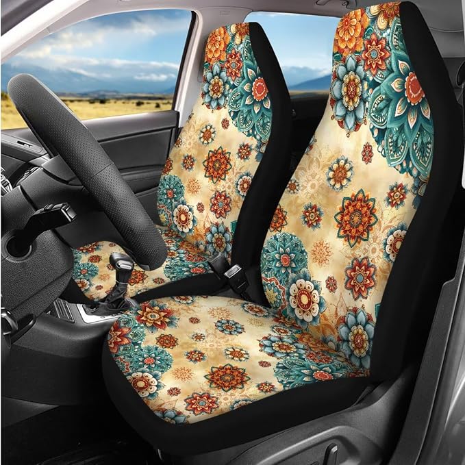 Bulopur Boho Dahlia Floral Vehicle Seat Covers Full Set with 15 Inch Steering Wheel Cover Center Console Cushion Seat Belt Covers Coasters Automotive Interior Decor Set 14 PCS