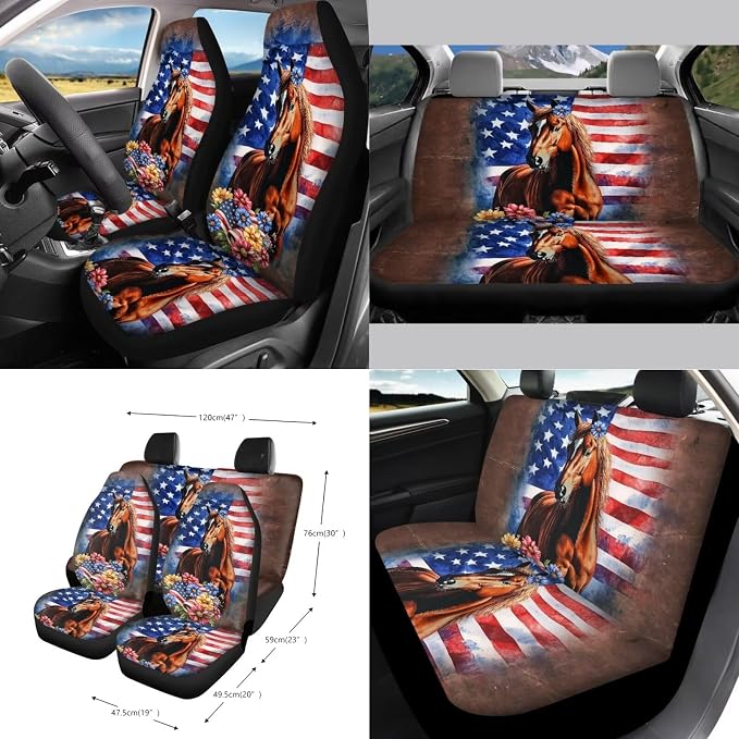 Horse American Flag Daisy Print Car 15pcs Accessories, Front and Back Seat Covers for Cars Steering Wheel Cover Seat Belt Cover Trash Can Coasters Universal Fit