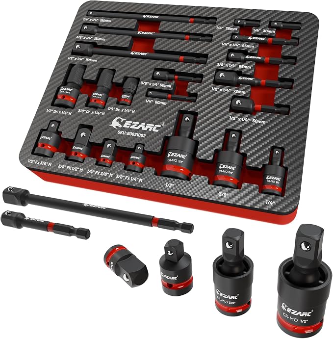 EZARC Impact Socket Adapter Set, 14PCS 1/4", 3/8" & 1/2" Square Drive Socket Adapters with 21PCS Universal Swivel Socket Set, Impact Couplers, Reducers and Hex Extension Bits for Power Drill and Impac
