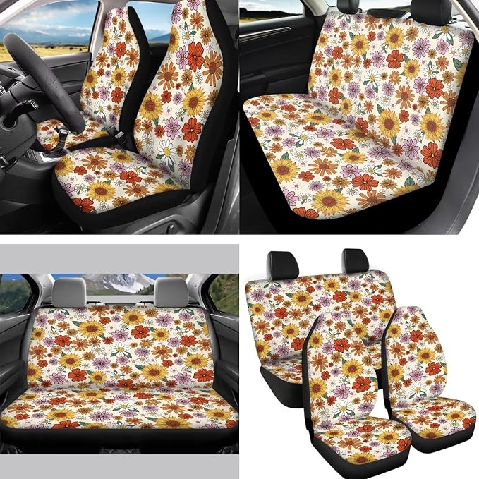 Cottage Daisy Flower Auto Seat Covers for Women Sunflower Car Accessory Car Seat Protector Interior Set with Steering Wheel Cover +Coasters+Key+Interior Mirror Cover+Hand Break+Gear Shift Pad