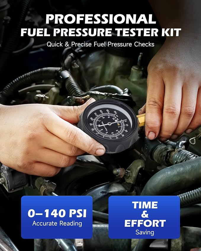 Orion Motor Tech Fuel Pressure Test Kit, Fuel Pressure Tester with 0-140 psi Injection Pressure Tester Gauge Hoses Adapters, Fuel Pressure Gauge Kit Gasoline Car Truck Motorcycle Diagnostic Tool