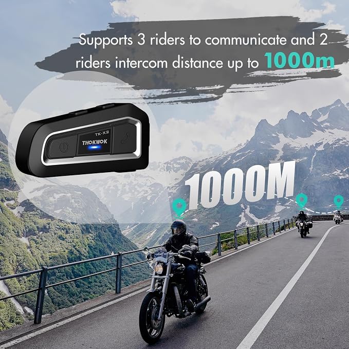 Helmet Bluetooth Headset Up to 3 Riders, TK-X2 1000m Motorcycle Bluetooth Headset Intercom with Noise Cancellation/FM Radio/Stereo Music, Universal Communication System Headphones for ATV/Ski (Pack 2)