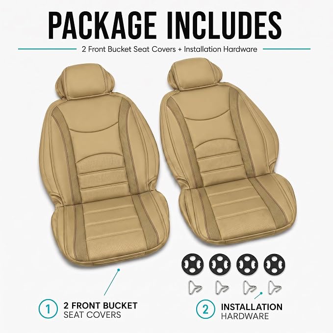 FH Group Front Set Faux Leather Car Seat Cushions for Low Back Seat, Universal Fit, Airbag Compatible Seat Cover for SUV, Sedan, Beige Tan