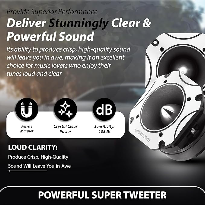 2X War-Zone WZ60TW 4.02-Inch Super Tweeter Speaker, 4 Ohm, 3200W Total Max Power, 105dB Sensitivity, Titanium Diaphragm, CCAW Voice Coil for Pro Car Audio (Pair)