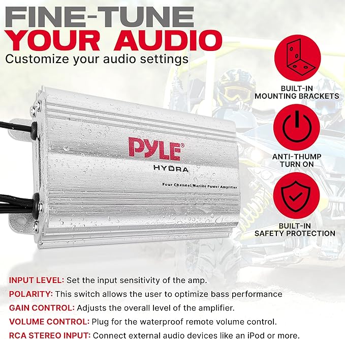 Pyle 400W 4-Channel Hydra Marine Micro Amplifier - Waterproof - RCA Input - 3.5mm Jack - MP3 - Soft Turn On/Off - Volume Gain Level Remote Control - Power Protection - PLMRMP3A