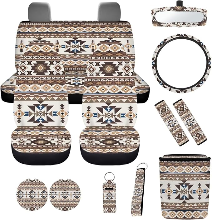Fashion Aztec 12 Pack Car Seat Covers Full Set Steering Wheel Accessories Car Seat Belt Cover Rear View Mirror Cover Trash Bin Coasters Wristlet Keychain Chapstick Holder