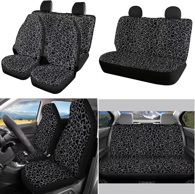 POLERO Black Leopard Car Seat Covers 11Pcs Full Set Black Cheetah Steering Wheel Cover Black Animal Print Seatbelt Pads Cupholder Coasters with Keychains