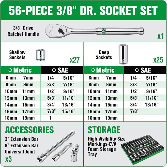 SK 3/8" Drive Socket Set with 90-Tooth Ratchet, 56-Piece, SAE & Metric, SuperKrome Finish, Premium CR-V Construction, with EVA Foam Tool Organizer