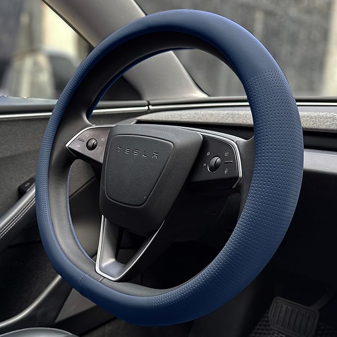 PINCTROT Nappa Leather Steering Wheel Cover for Tesla Model Y/3 Highland/Juniper, D Shaped 14 Inch Small Sized with Breathable Perforation, Fit Like Gloves, Flat Bottom 14 Inch(Nappa Smoky Blue)