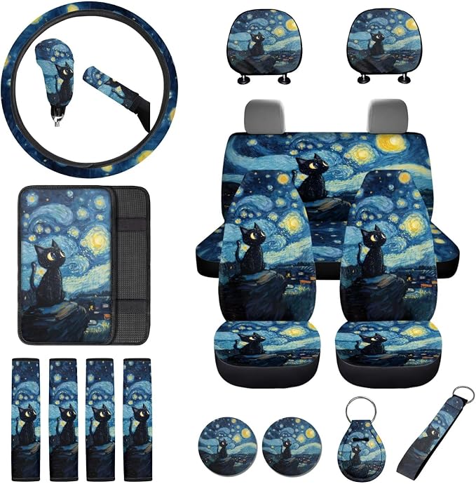 Starry Cat Print Full Set Car Seat Covers with Steering Wheel Cover Safety Belt Pads Armrest Cushion Headrest Protectors Gear Shift Knob + Handbrake Covers etc, Universal Fits