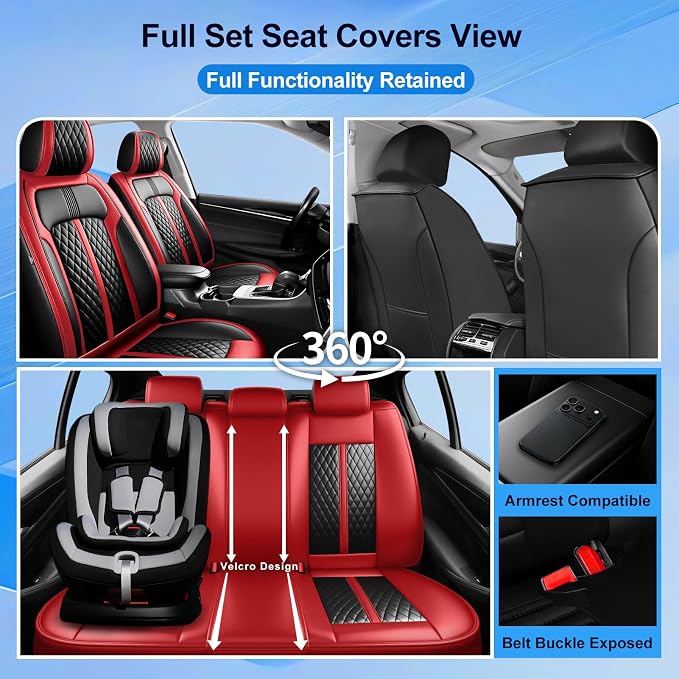 Fit Verano Car Seat Covers (Front Pair) for Select Buick Verano 2012-2017, Premium Full Coverage Leather, Airbag Compatible, Waterproof & All Weather Seat Cushion Protector, Black+Red