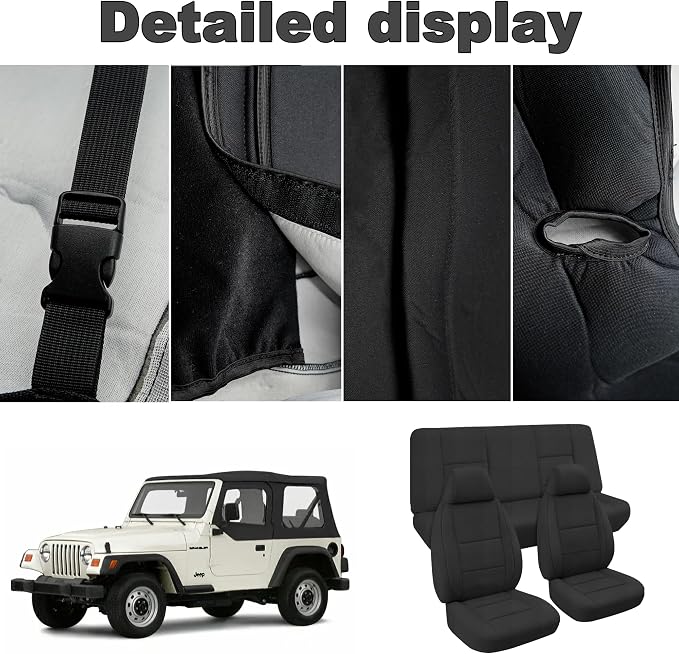 Custom Seat Covers for Jeep Wrangler TJ 1997 1998 1999 2000 2001 2002 Heavy Duty Cloth Protector Interior Accessories，Waterproof & Machine Washable, Foam Padded - Black（Front & Rear）