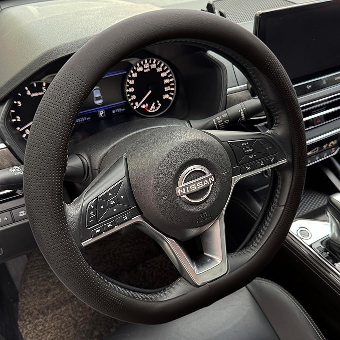 PINCTROT D Shaped Nappa Leather Steering Wheel Cover, Slim Fit No Bulk Design, One Piece Leather with Breathable Perforation, Fit Like Gloves, Flat Bottom 14.5-15 Inch(Nappa Black)