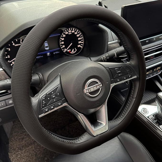 PINCTROT D Shaped Nappa Leather Steering Wheel Cover, Slim Fit No Bulk Design, One Piece Leather with Breathable Perforation, Fit Like Gloves, Flat Bottom 14.5-15 Inch(Nappa Black)