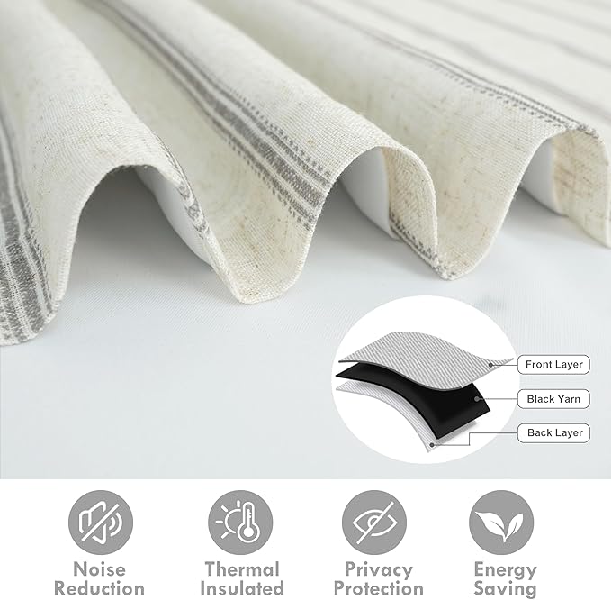 DriftAway Farmhouse Double Layer Linen Blackout Tie Up Curtains Thermal Insulated Vertical Striped Fully Lined Balloon Roman Shade Bathroom Window Adjustable Rod Pocket 31 Inch by 47 Inch Gray