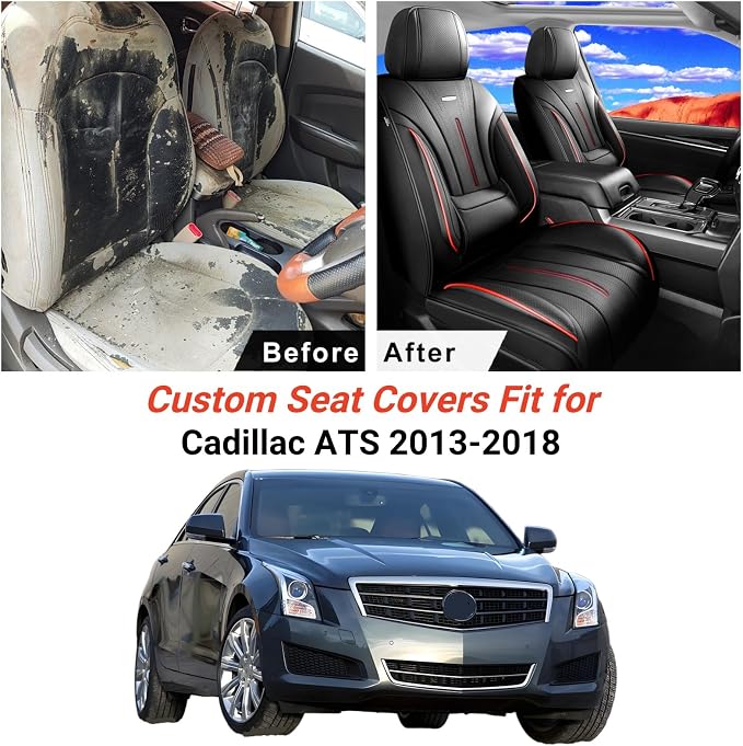 Fit ATS Car Seat Covers (Front Pair) for Select Cadillac ATS 2013-2018 - Premium Full Coverage Leather, Airbag Compatible & Scratch-Resistant, Waterproof & All Weather Seat Protector, Red Trim