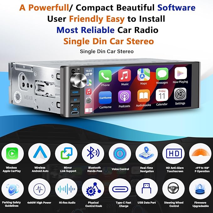 LSLYA Single Din Car Stereo with Wireless Apple CarPlay & Android Auto – 240W Output, 2 Subwoofer Ports, 4-Channel RCA, USB/Type-C, Bluetooth, SWC, Front & Backup Camera – Standard Single DIN Size