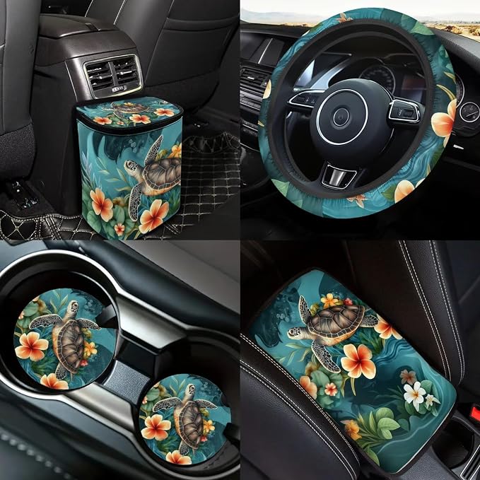 Sea Turtl Car Seat Covers Full Sets 18 Pack Universal Car Interior Accessories Sets with Sea Turtle Car Seat Belt Pads Cover Covers for Steering Wheel Car Trashcan Soft Car Headrest Covers