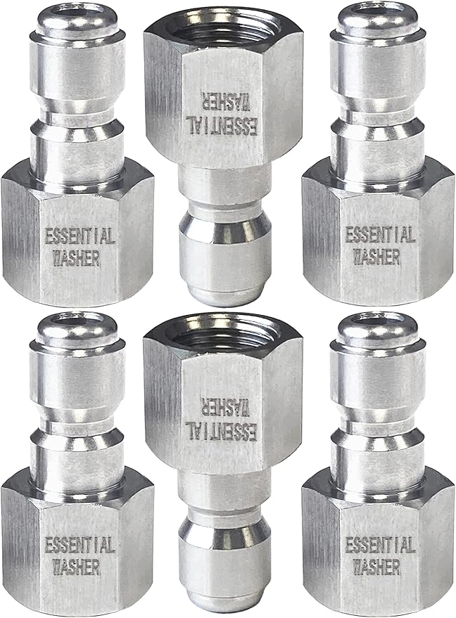 Essential Washer Stainless Steel ¼” Plug Female NPT | Pressure Washer Quick Connect Fittings | 5000 PSI | Set Of 6