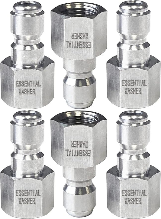 Essential Washer Stainless Steel ¼” Plug Female NPT | Pressure Washer Quick Connect Fittings | 5000 PSI | Set Of 6