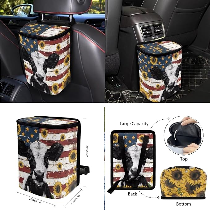 Cow Sunflower Amrican Flag Pattern Car Accessories Set of 10 Front and Back Seat Covers Cup Coasters Car Trash Can Steering Wheel Cover Keychain Air Vent Storage Bag Interior Covers for Auto